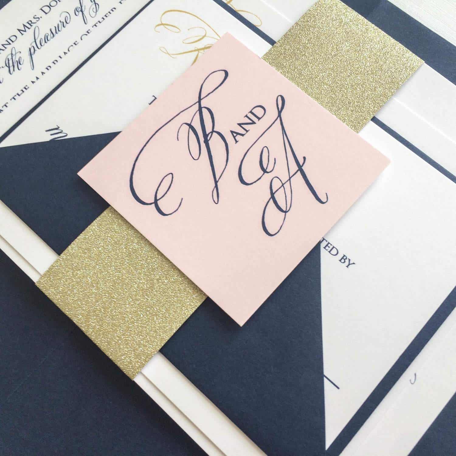 Gold+Blush+and+Navy+Wedding+Invitation+with+Glitter+Band