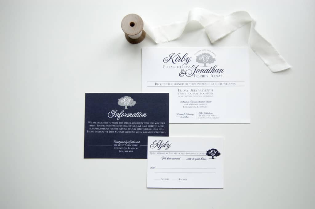 monogram tree navy wedding invitation