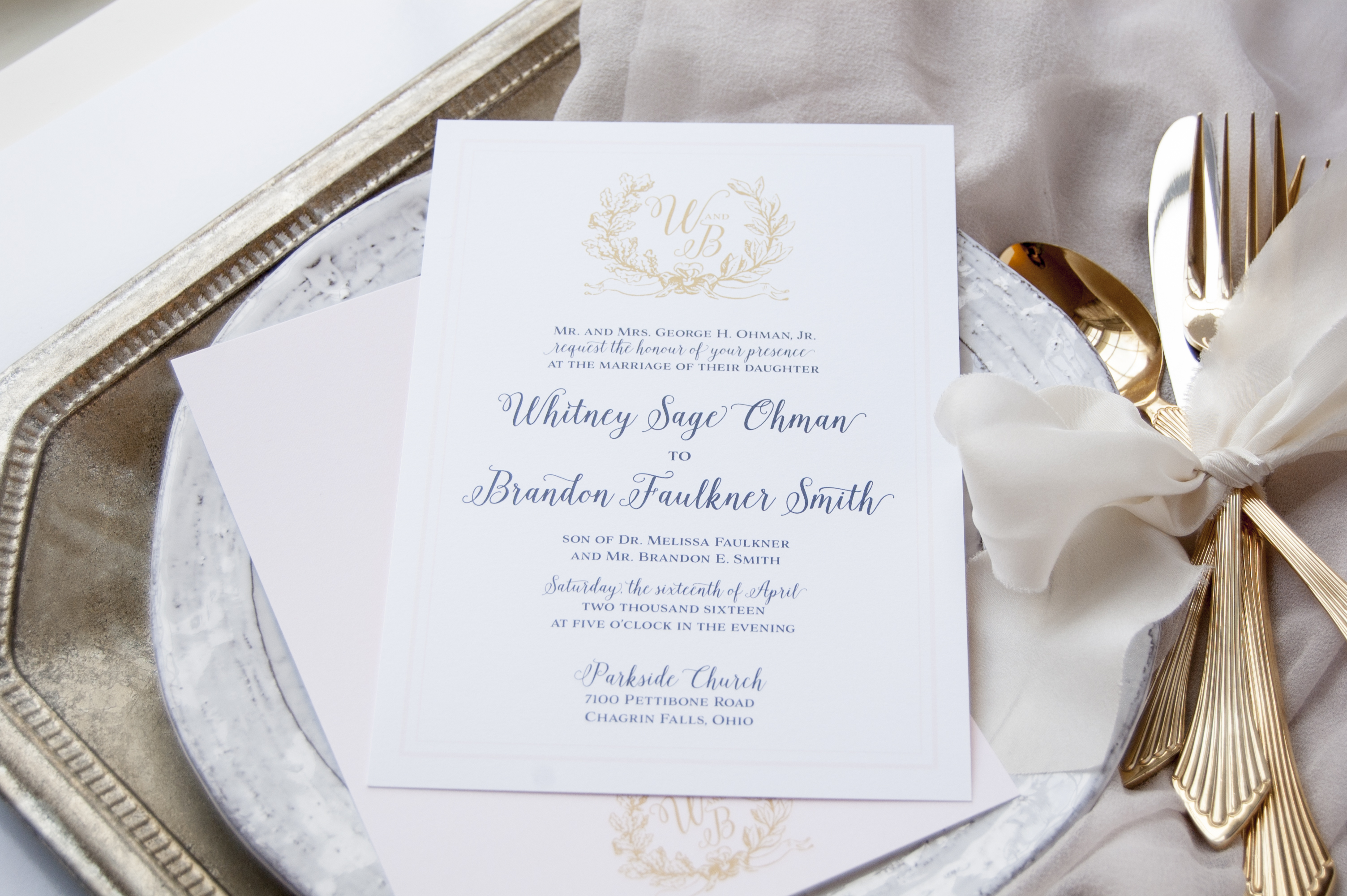 Navy, Gold and Blush Laurel Monogram Wedding Invitations