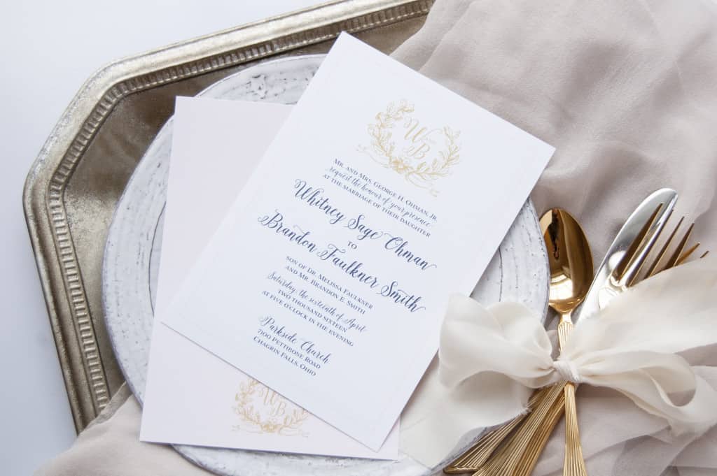 Navy, Gold and Blush Laurel Monogram Wedding Invitations