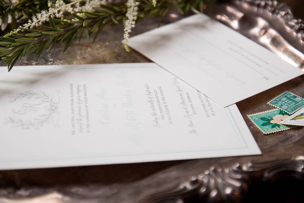 Soft Blue and Grey Laurel Script Invitation for a Southern Wedding