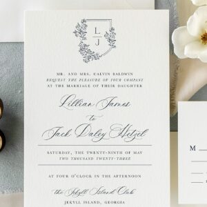 Light Powder Blue Romantic Monogram Crest Wedding Invitation