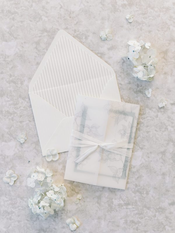 Custom wedding invitation with vellum wrap and silk ribbon, envelope liner for a Marco Island, Florida wedding