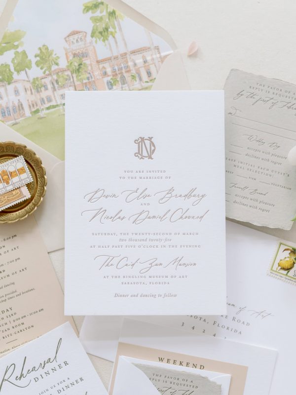 ringling museum wedding invitation with custom monogram and watercolor venue