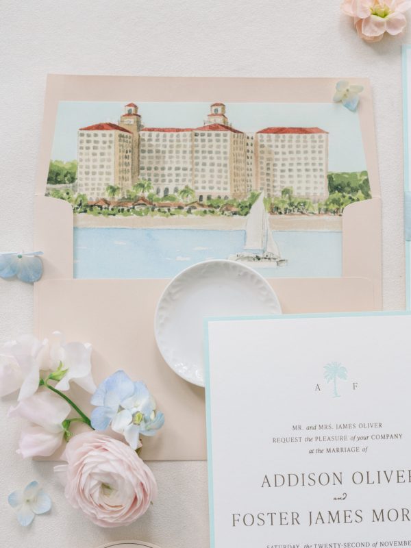 naples ritz-carlton watercolor venue painting envelope liner for coastal wedding invitation